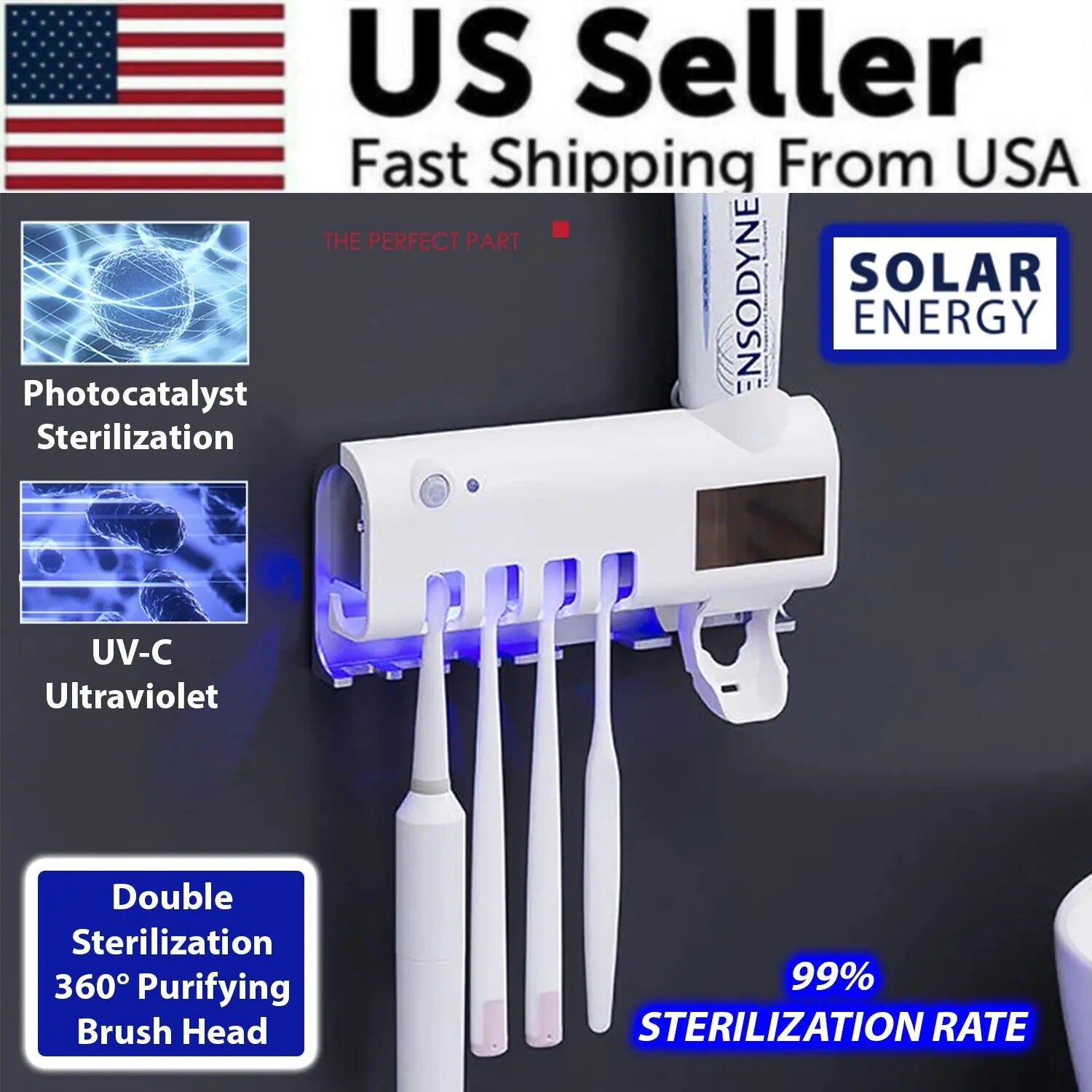 UV Toothbrush Holder Cleaner & Toothpaste Dispenser